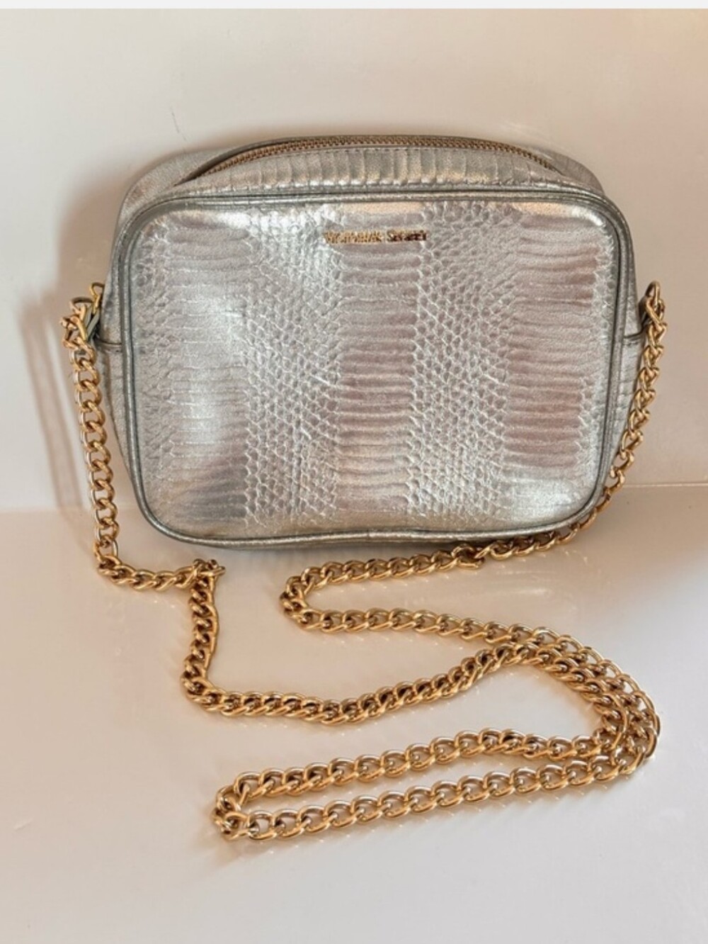 Victoria’s Secret Silver Metallic Snakeskin Crossbody Bag Gold Chain